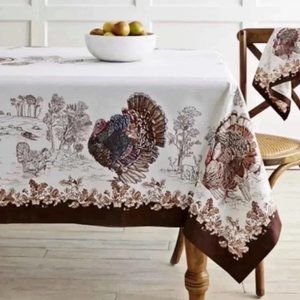 Williams Sonoma Plymouth Turkey Tablecloth White Brown Beige Fall 70 x 108